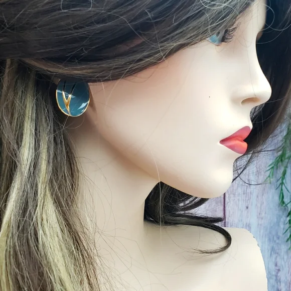 Vintage Green and Gold Cloisonnè Oval Shaped Earrings - Pierced - Picture 1 of 10